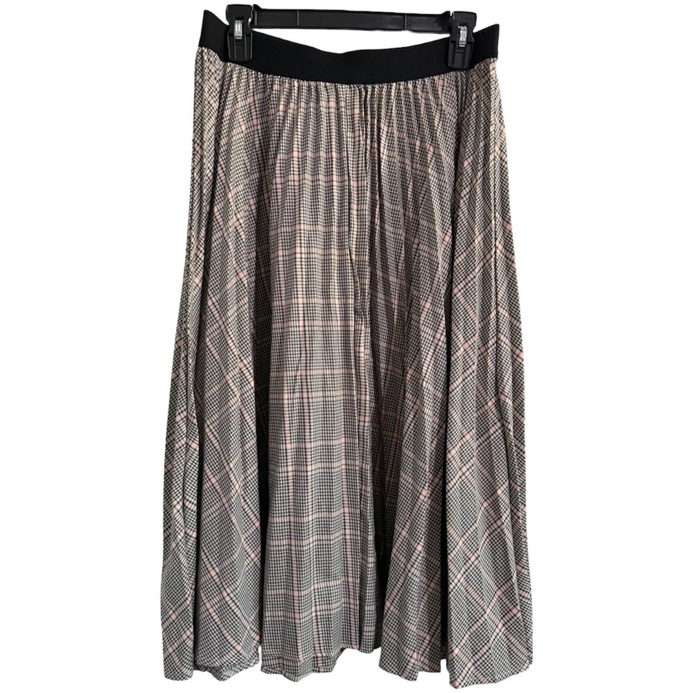 A New Day Women’s Size Medium Pleated Plaid Midi Skirt Elastic Waist Pink Gray